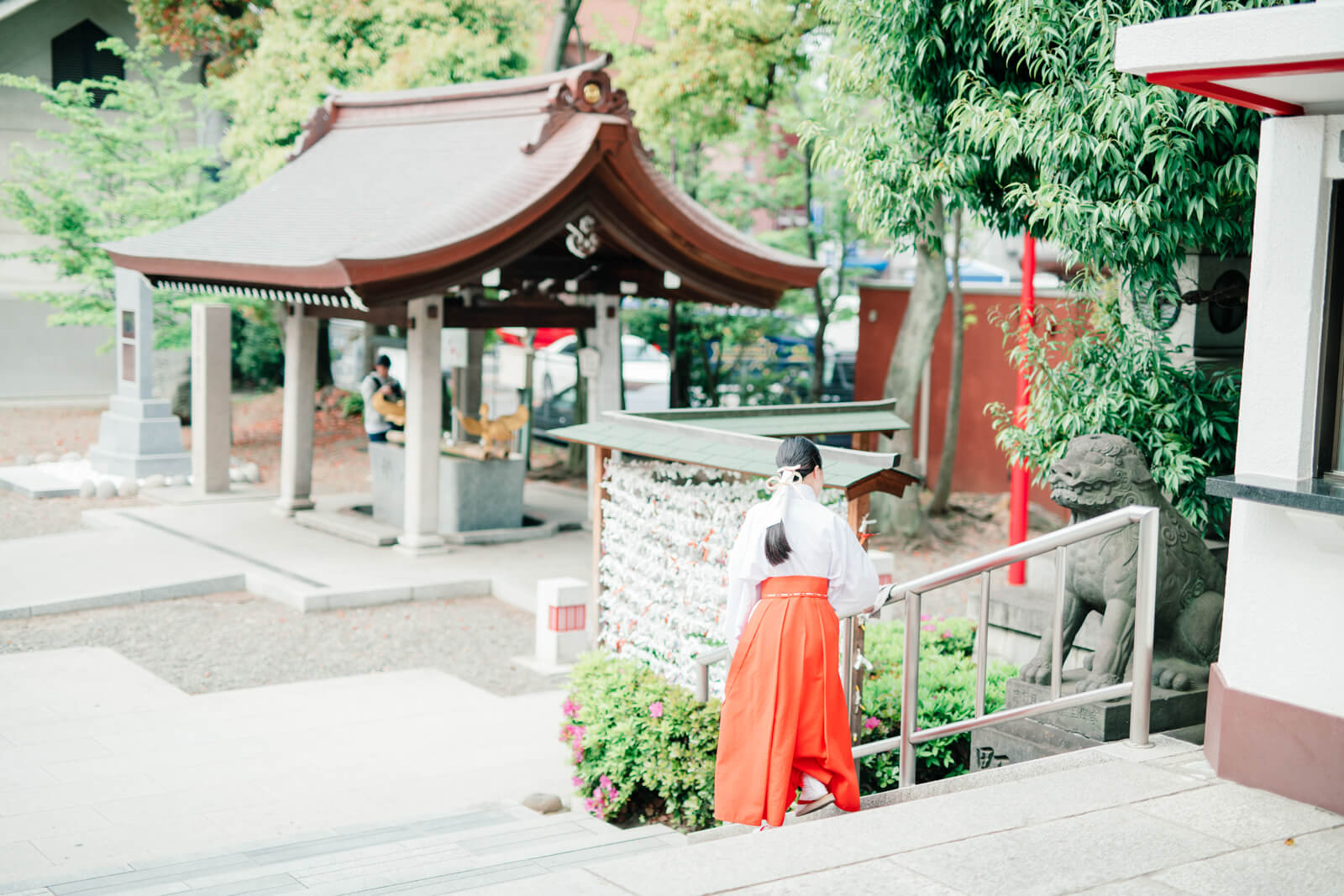 富岡八幡宮の掃除をしている巫女さんと禰宜さん